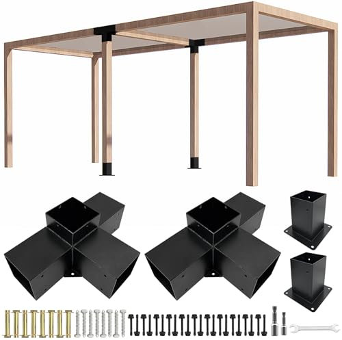 ITeVe.GD 4-Wege-Pergola-Halterungs-Set, 4-Wege-rechtwinklige Ecke und Betonpfostensockel, DIY-Set für 4 x 4 (tatsächlich: 8,9 x 8,9 cm), Holz für Pergolen, Pavillons, Blockhütten mit Hardware – 4