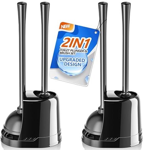 LOVLOY Toilet Plunger and Brush, Bowl Brush and Heavy Duty Toilet Plunger Set with Ventilated Holder, 2-in-1 Toilet Brush and Plunger Combo for Bathroom Cleaning (Black, 2 Set)