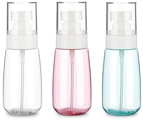 IFDGCTK Paquete de 3 botellas de spray pequeñas de 2 onzas/60 ml, mini botellas vacías de plástico, botella de spray de viaje de niebla fina con 9 etiquetas