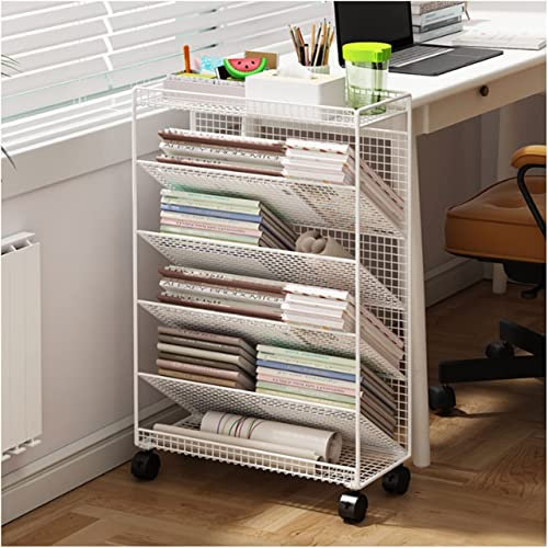 Carrello Libreria Moderno ed Elegante in Metallo con Ruote Bloccabili - 6 Ripiani - Ideale per Libri, Riviste, File - Utilità Pratica per Album e Ricette - Libreria Carrello for Libri
