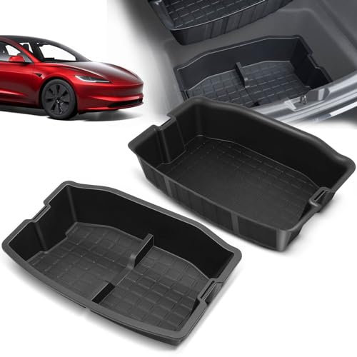 YHTAUTO 2 Pcs Rear Trunk Organizer Compatible with Tesla Model 3 2017-2024 Accessories, Waterproof Trunk Storage Bins Organizer Upper & Lower Dual Layer Rear Trunk Storage Box - Black