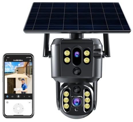 Caméras Solaires Extérieures, Caméra Solaire 4K 8MP 4G à Double Objectif, Caméra Domestique avec Vision Nocturne en Couleur, Interphone Vocal Bidirectionnel, Suivi Humanoïde de