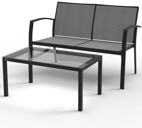 RANSENERS Premium Doppelsofa mit Tisch von Gartenmöbelset CBLS76L mit Metallrahmen und Polyrattan Sitzfläche für Garten Terrasse und Balkon (Grau)