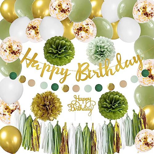 Geburtstagsdeko Salbeigrün Grün Gold Luftballons Mädchen Kindergeburtstag Deko Happy Birthday Banner Papier Girlande Salbeigrün Pompons für Junge Frauen Natural Geburtstag Party Deko