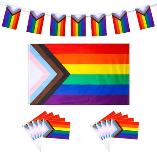 Pride-Flaggen-Set, 90x150cm Regenbogenfahnen mit 10m LGBTQ-Pride-Banner Schnur Mini Handheld LGBT-Flagge für Drinnen Draußen Gay-Pride-Party Festival Parade Zuhause Bar Garten Dekoration