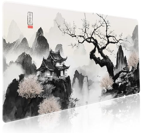 Großes Mauspad mit japanischem Kirschblüten-Anime, XXL, schwarz-weiß, Sakura-Baum, Berge, erweiterte große Schreibtischunterlage, 90 x 40 cm, rutschfeste Gummiunterseite, genähter Rand, langes