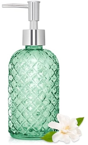 450ml Glass Soap Dispenser with Pump, 16 oz Diamond Cut Design Refillable Liquid Hand Soap Bottle Dispenser for Bathroom, Countertop, Kitchen Sink, Laundry Room, Home Decor Accessories Green