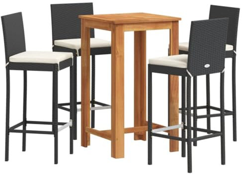 vidaXL Gartenbar Set 5-TLG., Bar Tresen Theke Bartisch Barhocker, Barset Sitzgruppe für Garten Terrasse, Gartentheke Gartenmöbel, Schwarz Massivholz Akazie Poly Rattan