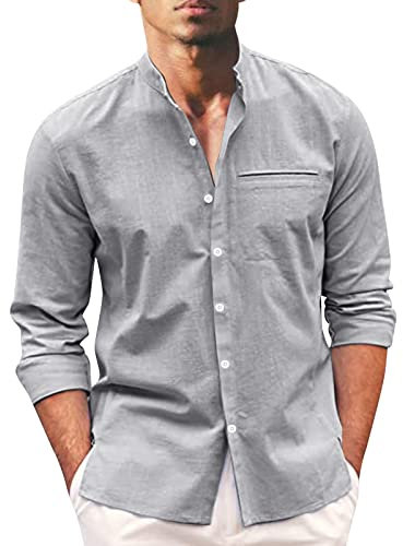Leinenhemd Herren Langarm Stehkragen, Herren Langarmhemd Freizeithemd Mit Brusttasche Baumwolle Sommerhemd Regular Fit Langarmhemd Leichtes Businesshemd Atmungsaktiv Sportshirts Lässiges Sporthemd/