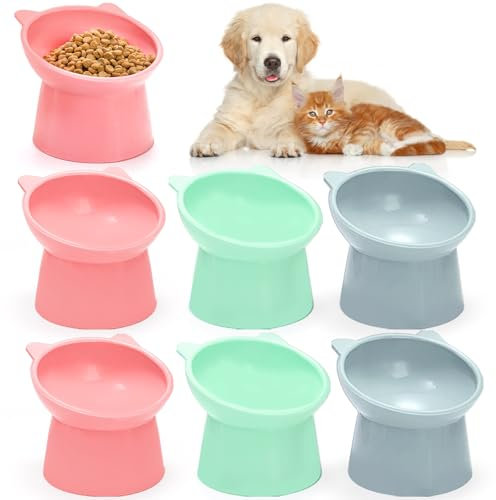 Mezchi 6 Pack Raised Cat Bowls for Indoor Cats, Plastic Elevated Cat Bowls Dishes, 15 Degrees Tilted Cat Food Bowls, Anti-Vomiting and Whisker Friendly, 3 Colors