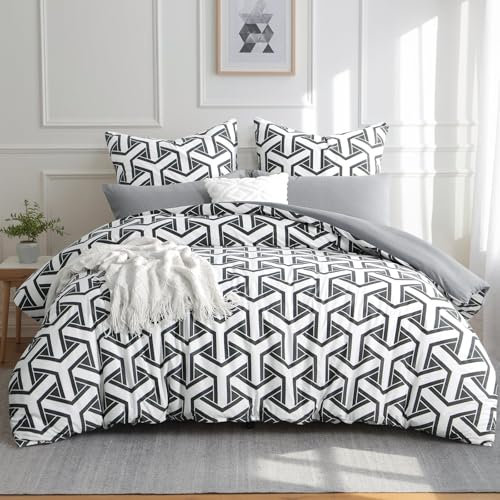 Aisbo Bettwäsche 220x240 3 teilig Bettdeckenbezug - Bettwäsche Set 240x220cm Geometrisch Grau Muster mit 2 Kissenbezügen 80x80 cm, Mikrofaser Bettbezug mit Reißverschluss, Bügelfrei und Weich