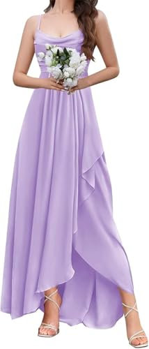 HPPEE Abito da damigella d'onore da donna in chiffon con scollo ad anello e fessura increspato una linea formale abito da sera, Lilla, 58 Più