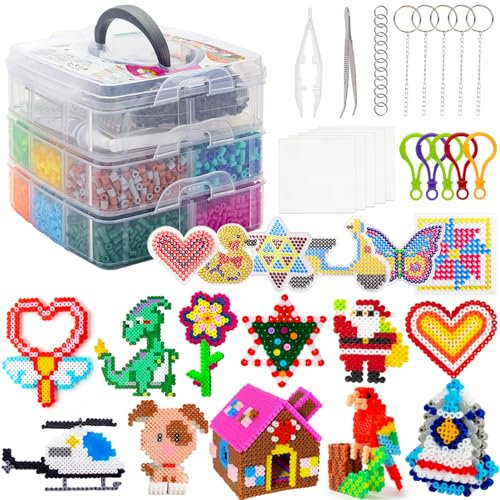 SLEMAKO Kit de perles à repasser, 10600 pièces Kit Artisanal de Perles à Repasser avec boîte de rangement, plaques de perles à repasser, guide d'utilisation, Cadeau d'anniversaire/de Noël pour Enfants