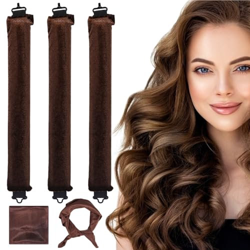 Toaren 3 Stück Hitzefreie Lockenwickler Über Nacht mit Haken Heatless Curls Set Lockenwickler Weicher Samt Overnight Blowout Locken Ohne Hitze für Langes Haar Kurzes mit Stirnband Wrap(Braun)