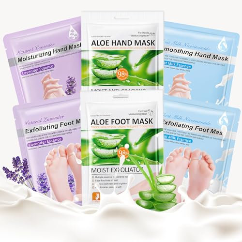 3 Paires Masque Pied, 3 Paires Masque Main, Masque Pieds Peeling Exfoliant, Masque Pieds Très Secs et Abîmés, Gants Hydratants, Soins des Mains et des Pieds (Lavande, Latte di Capra et Aloès)