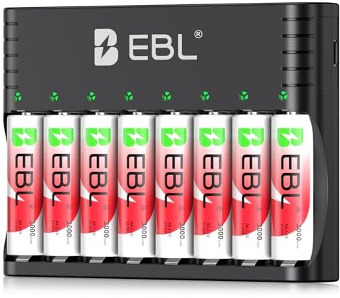 EBL 8 Pezzi Batterie AA Litio Ricaricabili con LCD Caricabatterie, 8 Slot caricabatterie per batterie ricaricabili AA AAA NiMH da 1.2V e batterie al litio da 1.5V