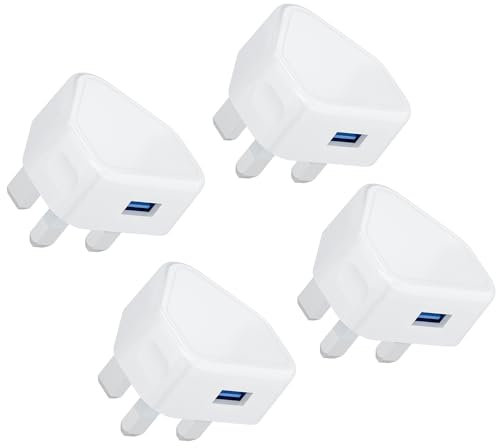 USB Plug UK,4 Pack 3 Pin USB Mains Wall Charger Adaptor Plugs Compact Old i Phone Charge Head 5V/1AMP/5W Charging for iPhone 11/11 Pro/10/Xs/XS Max/XR/X/8/7/6 Plus/5/5S/iPad,Samsung,MP3