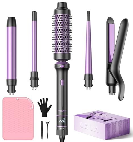 BESTOPE PRO Lockenstab, 5 in 1 Lockenstäbe Set mit Glätteisen, Thermobürste, 3 Keramische Lockeneisen (9mm- 25mm) für Große Locken, 13 Temperaturen, Hair Curler mit Hitzebest.Matte, Handschuh, Klammer