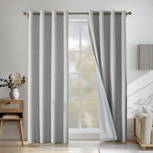 CYCMACO Verdunklungsvorhänge Leinen 2er Set, 140x300cm, Kälteschutz Thermovorhang Mit Ösen, Lärmschutzvorhang, Wohnzimmer Lichtundurchlässig Vorhänge, Schlafzimmer Vorhänge, Grau Weiß