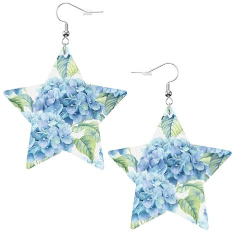 White Trendy Leather Star Earrings for Women – Hydrangea Watercolor Print Dangle Jewelry, Lightweight Fashion Accessory