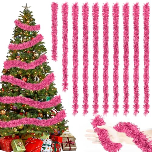 20M/Pack of 10 Lametta Weihnachtsbaum, Lametta Rosa Girlande Weihnachten, Weihnachtsbaum Deko, Weihnachtsdeko Girlande, Lametta Girlande für Vorhänge, Zimmer, Party Weihnachtsfeierdekoration
