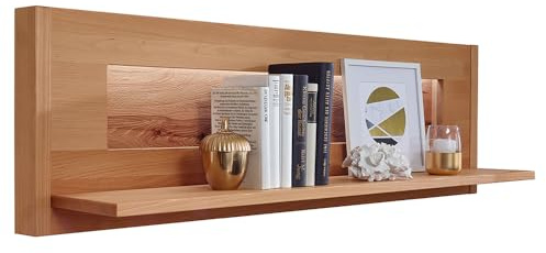 Lomadox Wohnzimmer Wandboard Wandregal mit 123 cm Breite in Buche Buche massiv geölt, inkl. LED-Beleuchtung, Massivholz/Echtholz, Softclose, grifflos