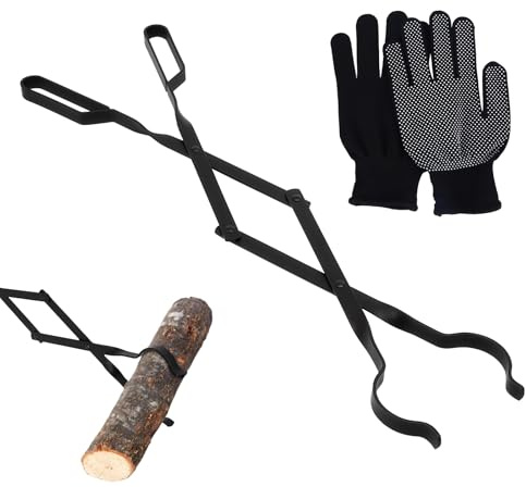 Pince à bois de cheminée de 66 cm - Pour charges lourdes - Pliable - Longue pince à bois de chauffage - Anti-brûlure - Pour feu de camp et poêles de cheminée - Avec paire de gants