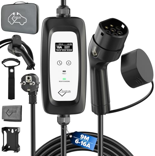 EVIEUN Typ 2 Ladekabel Schuko für Elektroautos, 9 m, 3,6 kW, 5 Ladestufen | 5 Stromstufen 6/8/10/13/16 A, Speicherfunktion, Timer 1-12 h und Digitaldisplay; 1-phasig für EV und PHEV nach IEC 62196-2
