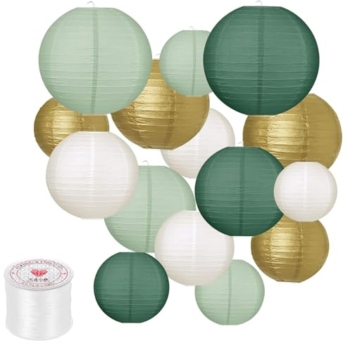 Logei Papierlaternen Grün Papier Lampions, 15 Stück Runde Hängende Papierlampions Salbeigrün Lampions Party Deko für Hochzeit Geburtstage Gartenparty (Salbeigrün Gold)
