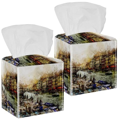 Quadratische Taschentuchbox-Abdeckung, Venedig Grand C, Venezia Boote, Leder, Taschentuchbox, Gesichtspapier, Organizer, Spender für Schminktisch, Toilette, Tank, Kommode, Nachttisch, Tisch