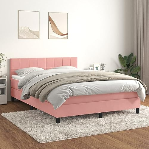 GeenYuu Boxspringbett 140x200 cm, Rosa Samt, Höhenverstellbares Kopfteil, Taschenfederkernmatratze, Mittelharte Unterstützung, Schlafzimmer Möbel