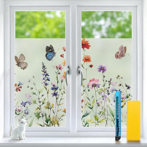 Sevenpers Fensterfolie Blickdicht –Bunte Blumen Milchglasfolie 44.5x200cm | Elektrostatische Adsorption Fensterfolie Selbsthaftend, Wiederverwendbar, ideal für Wohnzimmer, Schlafzimmer & Balkon