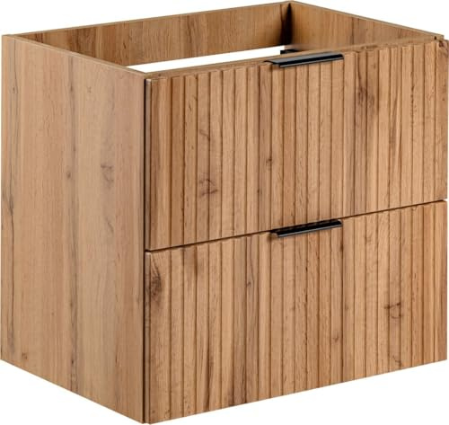 WFL GROUP Waschbeckenunterschrank 60 cm Wandhängend mit Rillenfronten – Soft-Close Schubladen und 3 Griffsets in Gold, Chrom & Schwarz – Geriffelter Waschtischunterschrank in Eiche Braun