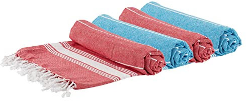 Nicola Spring Turkish Cotton Bath Towels - 170 x 90cm - Blue/Red - Pack of 4 - Lightweight & Absorbent Large Adults Drying Beach Towel Bathroom Gym Cloth Sauna Hammam Shower Sheet