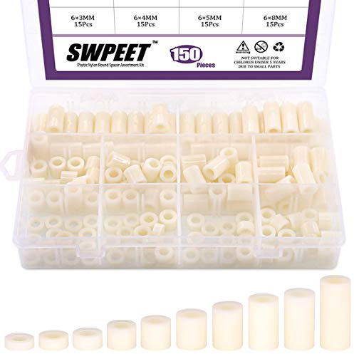Swpeet 150 distanziatori rotondi in nylon PA66 per viti e dadi, in plastica, diametro esterno 11 mm e diametro interno 6,2 mm, lunghezza 3 mm, 4 mm, 5 mm, 8 mm, 10 mm, 12 mm, 15 mm, 18 mm