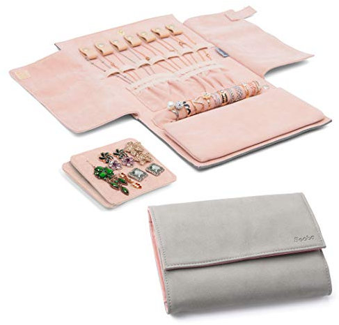Becko US Becko Schmucktasche aus Flanell und Leder Schmuckaufbewahrung Organizer Jewelry Box für Ohrring Fingerring Halskette und mehr (20.5 ×15 ×2 cm) Gray