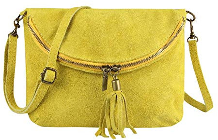 Made in Italy Damen Leder Tasche Henkeltasche Wildleder Handtasche Umhängetasche Ledertasche Schultertasche Beuteltasche Fransen Cross-Over Clutchtasche Gelb