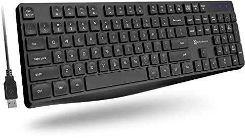 X9 Performance Teclado con cable – Teclado ergonómico ultra delgado de tamaño completo – Teclado USB básico para PC de escritorio, portátil con cable de 5 pies, 104 teclas silenciosas, 14 accesos