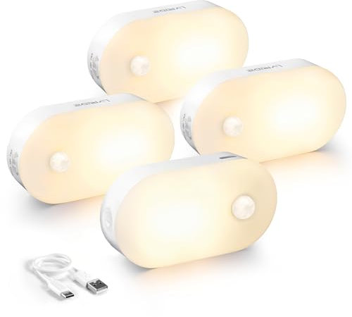 Lyridz Motion Sensor Night Light, 1-20LM Stick on Mini Nightlight Rechargeable Warm White LED Light, Stepless Adjustable Brightness for Bedroom, Kitchen, Stairs, 4Pack