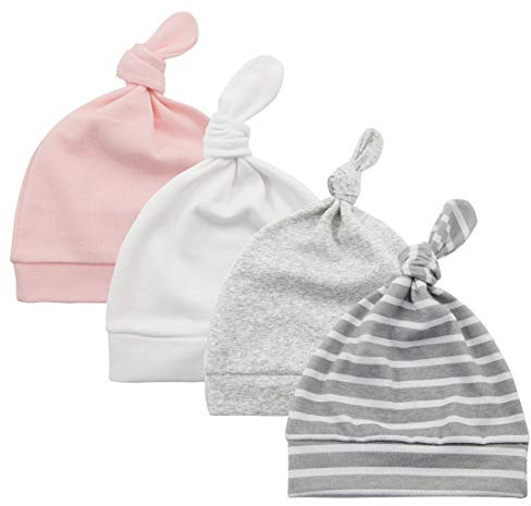 Durio Babymütze Neugeborene Jungen Mütze Baby Mädchen Beanie für 0-6 Monate Unisex Erstlingsmütze 4er Set Pink Weiß Grau u. Streifen 3-6 Monate
