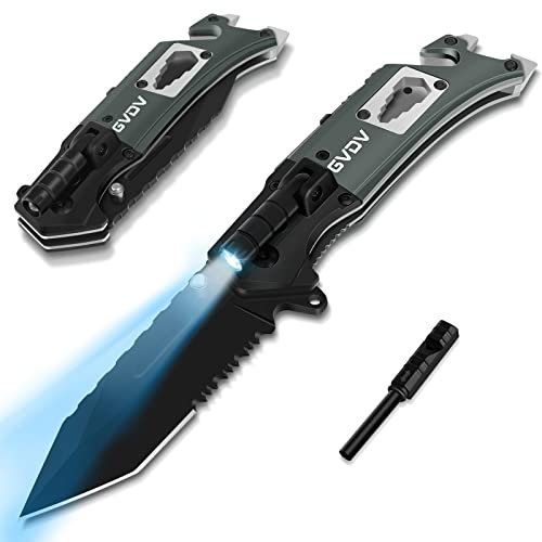 GVDV Couteau Pliant 440C Acier Inoxydable - Couteau de Poche Survie 9 en 1 Multifonction avec Pierre à Feu, Coupe-Ceinture, Brise-Verre et Décapsuleur, Couteau de Chasse pour Randonnée et Camping