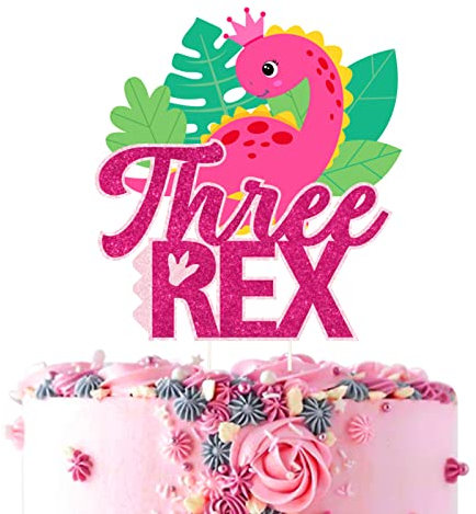 Dinosaur Cake Topper, Three Rex Cake topper for Girl, Dinosaur 3rd Birthday Party Supplies Pink Glitter