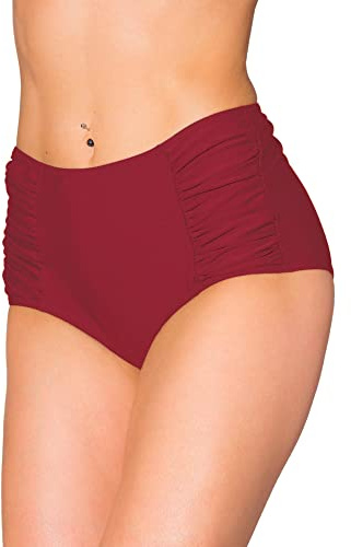 Aquarti Bikinihose Damen mit Hoher Taille und Raffung – Klassische Bikinihosen für Damen in Uni-Farben, Farbe: Dunkelrot, Größe: 42