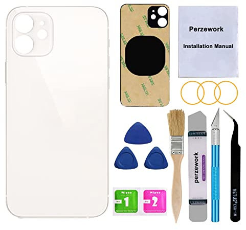 Perzework OEM Vitre arrière de rechange pour iPhone 12 6,1 avec kit d'outils de réparation et adhésif pré-installé (blanc)