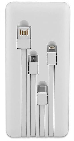 Power Bank 10000mah Carga Rápida 4 en 1 con Cables Integrados USB-C, microUSB, Lightning y USB-A. Indicador LED de Nivel de Carga. Compatible con iPhone, Smartphones, Tablets, CoolBox, Blanco