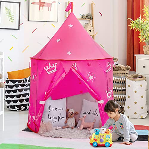 Opret Pink Princess Play Tent for Kids, Pop Up Castle Playhouse for Girls and Boy Easy Assemble Play Tent with Storage Bag for Indoor/Outdoor
