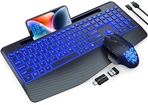 Wireless Keyboard and Mouse Backlits, Wrist Rest, LED Mouse, Rechargeable Ergonomic Keyboard with Phone Holder, Silent Light Up Combo for Computer, Mac, PC, Laptop, Chromebook (Black)