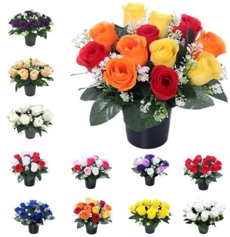 Rose Artificial Flowers in Grave Flower Pots – UV Resistant, Long-Lasting Design for Cemetery Decorations, Grave Displays, Home & Garden Memorial Arrangements (Yellow Orange & Red)