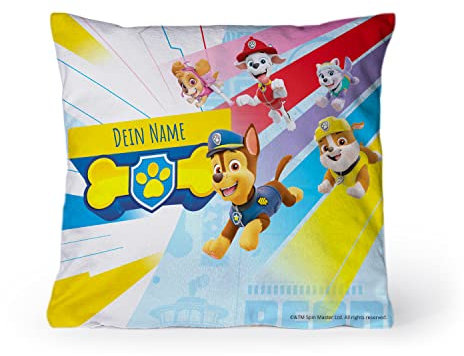 PICANOVA – PAW Patrol Pups Kissen mit Name 40x40cm – mit Füllung – Text individuell Bedruckt – Zierkissen Dekokissen – Schlaf- und Wohnzimmertauglich