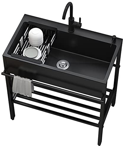 Lavello Cucina Nero con 1 vasca,80x45x86cm Lavandino in Acciaio Inox con Scolapiatti,Lavabo di Utilità con Rubinetto,Lavelli Commerciale Autoportante,Lavatoio da Giardino Campeggio,per Interni Esterni